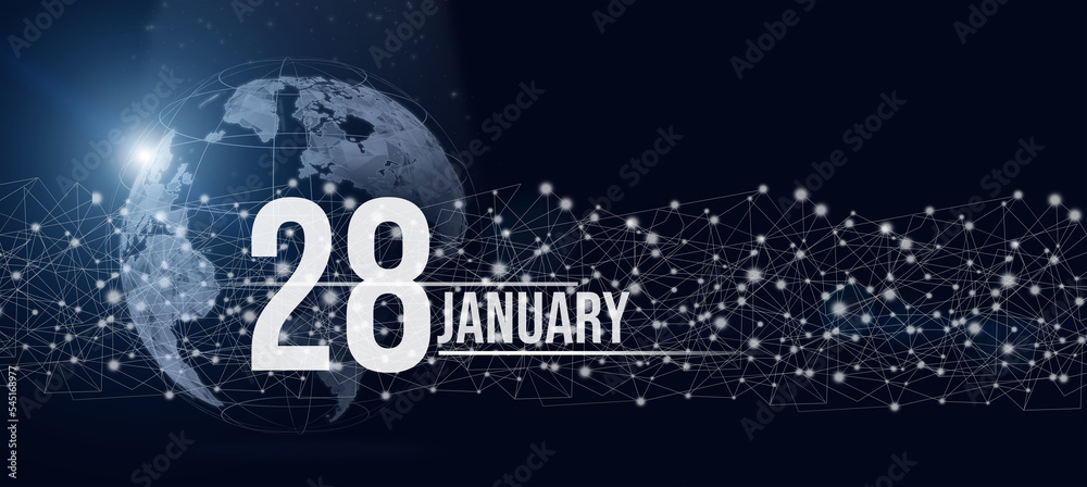 January 28th. Day 28 of month, Calendar date. Calendar day hologram of the planet earth in blue gradient style. Global futuristic communication network. Winter month, day of the year concept.
