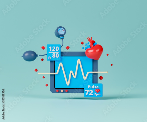 3d rendering concept healthcare and medical illustration. Electrocardiogram device with blood pressure and heartbeat monitoring.