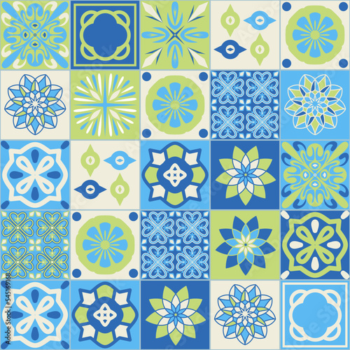Azulejo blue ceramic square tile, spanish portuguese mediterranean style blue green color, vector illustration