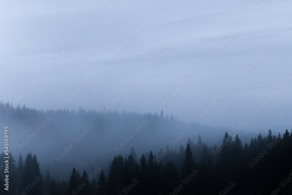 Fototapeta premium Beautiful mountain scenery with mountain covered in fog