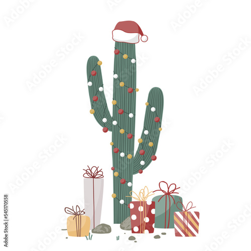 Xmas gift boxes and big cactus decorated with garland and Santa hat. Vector illustration isolated on white. Flat cartoon clipart for cards, posters, prints