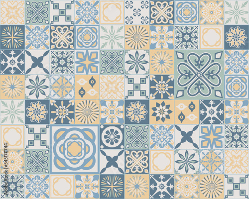 Pastel pattern in Spanish Azulejo style, white blue yellow ceramic tile square for design, vintage vector illustration