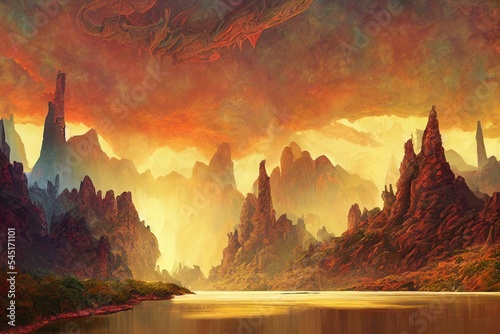 The lair of the dragon by the river valley, digital painting. photo