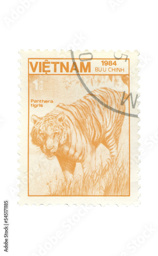 Vintage postage stamp on the white isolated background. 