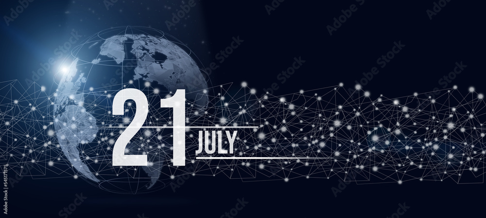 July 21st . Day 21 of month, Calendar date. Calendar day hologram of the planet earth in blue gradient style. Global futuristic communication network. Summer month, day of the year concept.