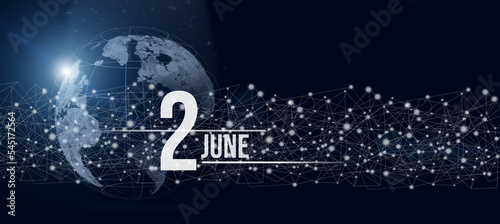 June 2nd. Day 2 of month, Calendar date. Calendar day hologram of the planet earth in blue gradient style. Global futuristic communication network. Summer month, day of the year concept.
