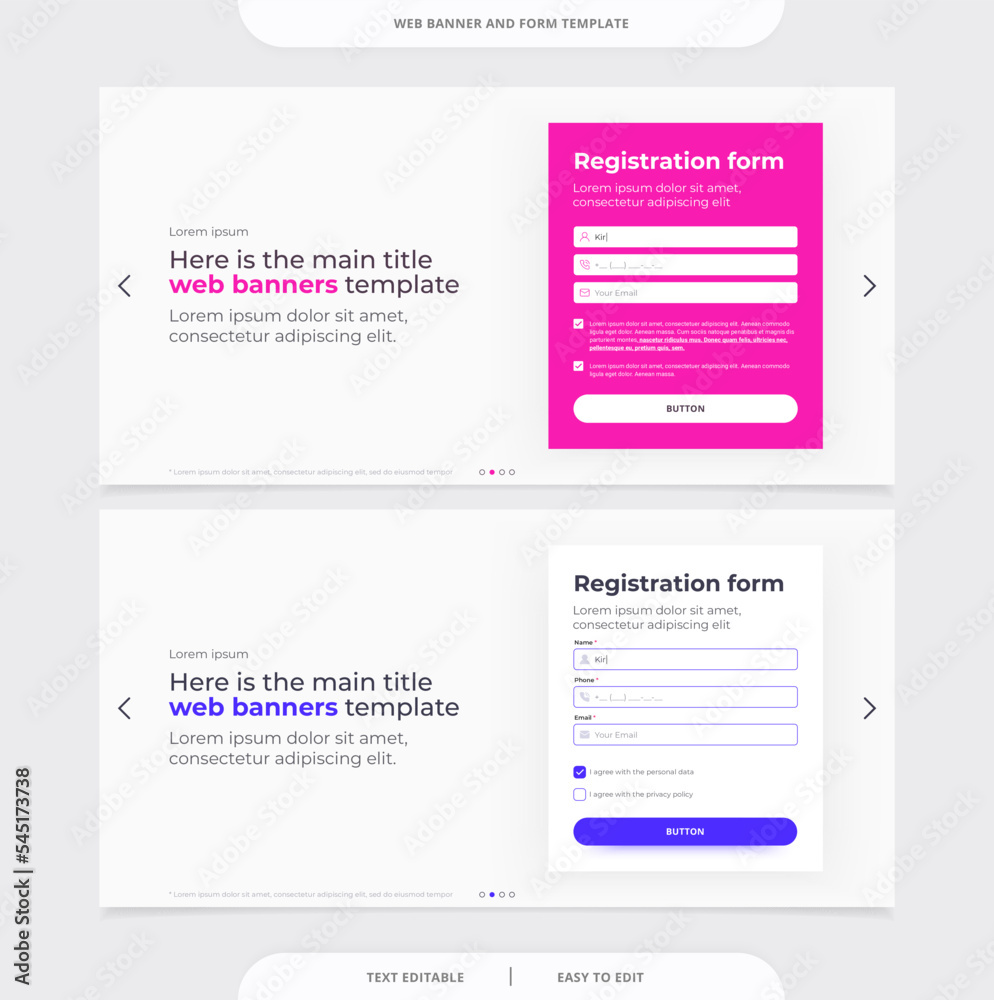 Web banner and registration form, contact form. Modern web design template.