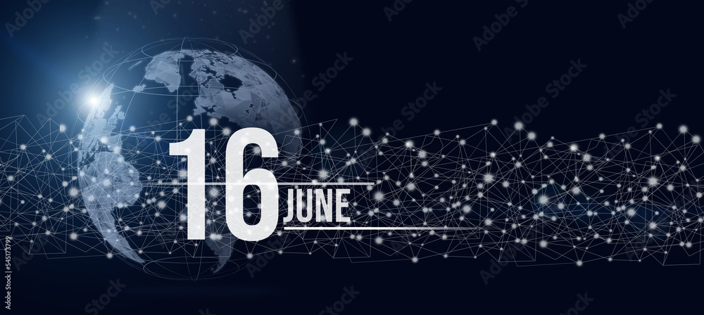 June 16th. Day 16 of month, Calendar date. Calendar day hologram of the planet earth in blue gradient style. Global futuristic communication network. Summer month, day of the year concept.