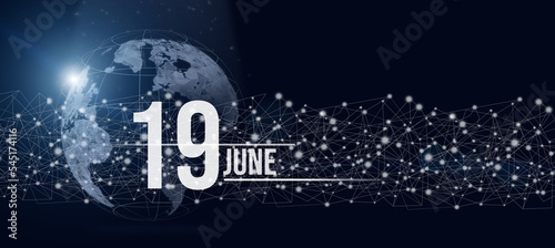 June 19th. Day 19 of month, Calendar date. Calendar day hologram of the planet earth in blue gradient style. Global futuristic communication network. Summer month, day of the year concept.