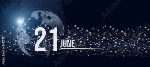 June 21st . Day 21 of month  Calendar date. Calendar day hologram of the planet earth in blue gradient style. Global futuristic communication network. Summer month  day of the year concept.