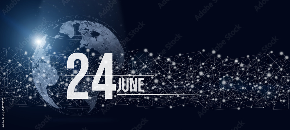 June 24th. Day 24 of month, Calendar date. Calendar day hologram of the planet earth in blue gradient style. Global futuristic communication network. Summer month, day of the year concept.