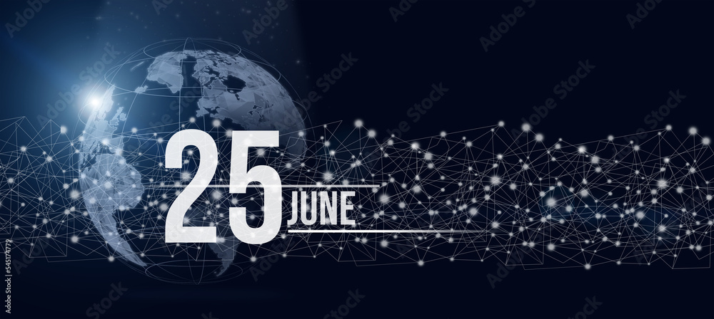 June 25th. Day 25 of month, Calendar date. Calendar day hologram of the planet earth in blue gradient style. Global futuristic communication network. Summer month, day of the year concept.