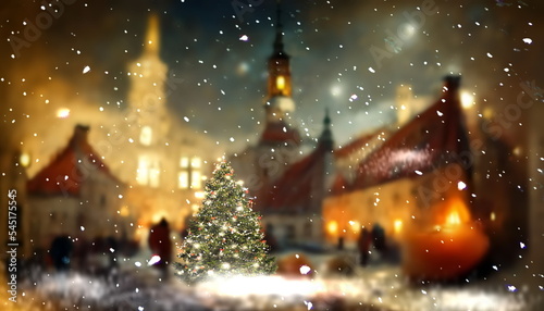 Christmas city tree on evening medieval town night  sky and snow flakes holiday background 