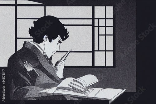 Japanese handdrawing style artwork of a man talking in his phone while reading a book in a japanese interior photo