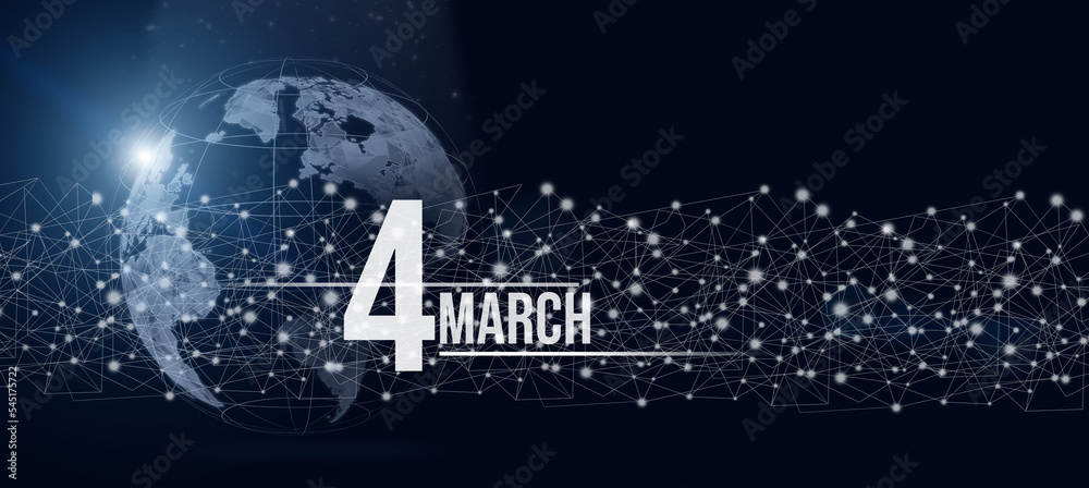 March 4th. Day 4 of month, Calendar date. Calendar day hologram of the planet earth in blue gradient style. Global futuristic communication network. Spring month, day of the year concept.