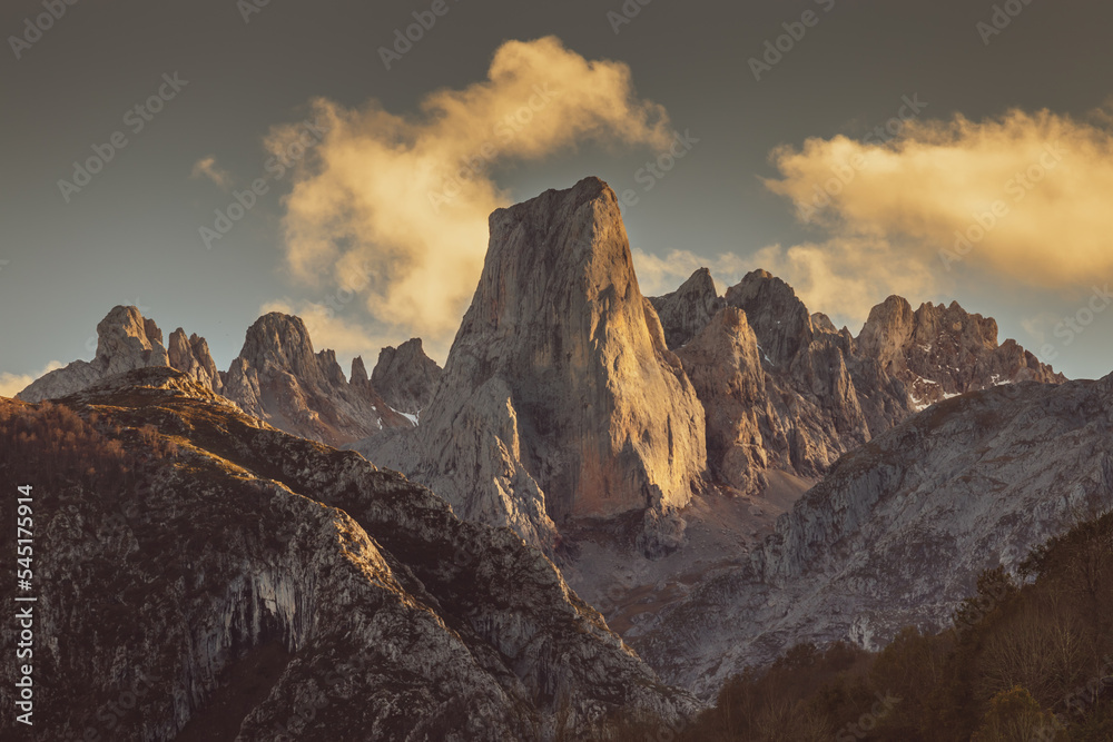 Beautiful mountain landscape at sunset. Close-up view of the Naranjo de Bulnes in the Picos de Europa National Park in Asturias, Spain. 