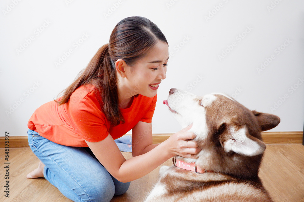 Smiling girl hugging and playing with her dog. cute pet concept.