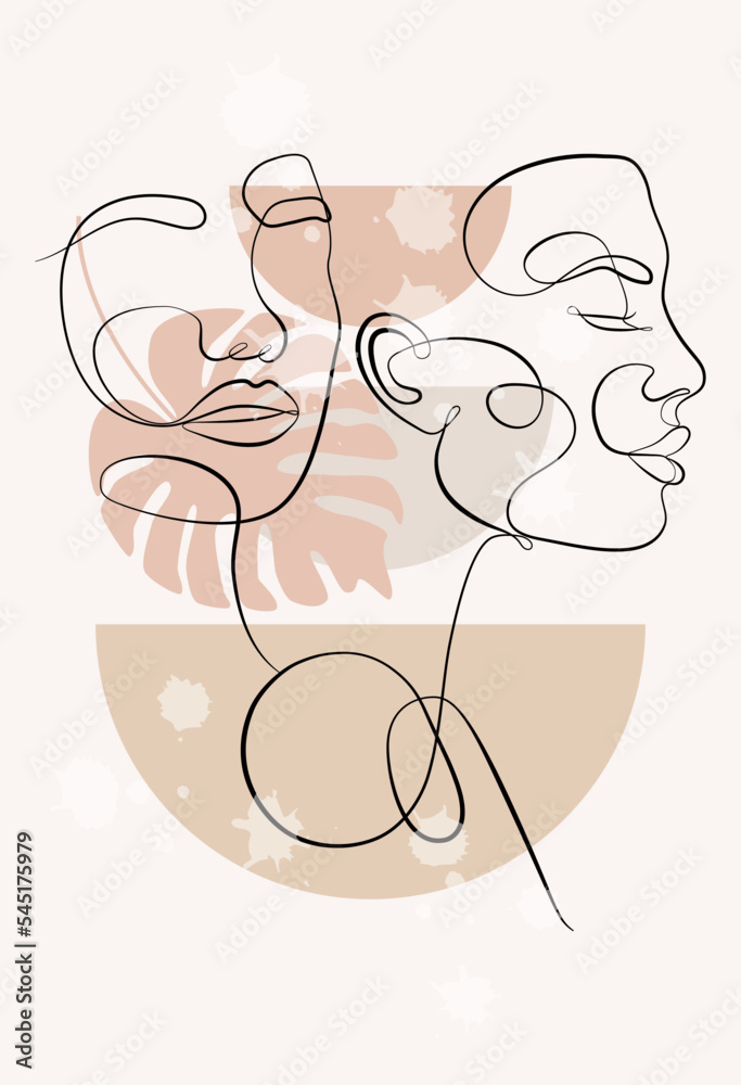 Vector portrait in minimalist style. Geometric shapes, leaves, female portrait. Hand-drawn abstract female print. Used for social media stories, beauty logos, poster illustrations.