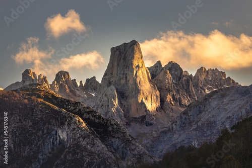 Beautiful mountain landscape at sunset. Close-up view of the Naranjo de Bulnes in the Picos de Europa National Park in Asturias, Spain.  photo