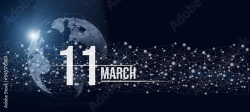 March 11st . Day 11 of month  Calendar date. Calendar day hologram of the planet earth in blue gradient style. Global futuristic communication network. Spring month  day of the year concept.