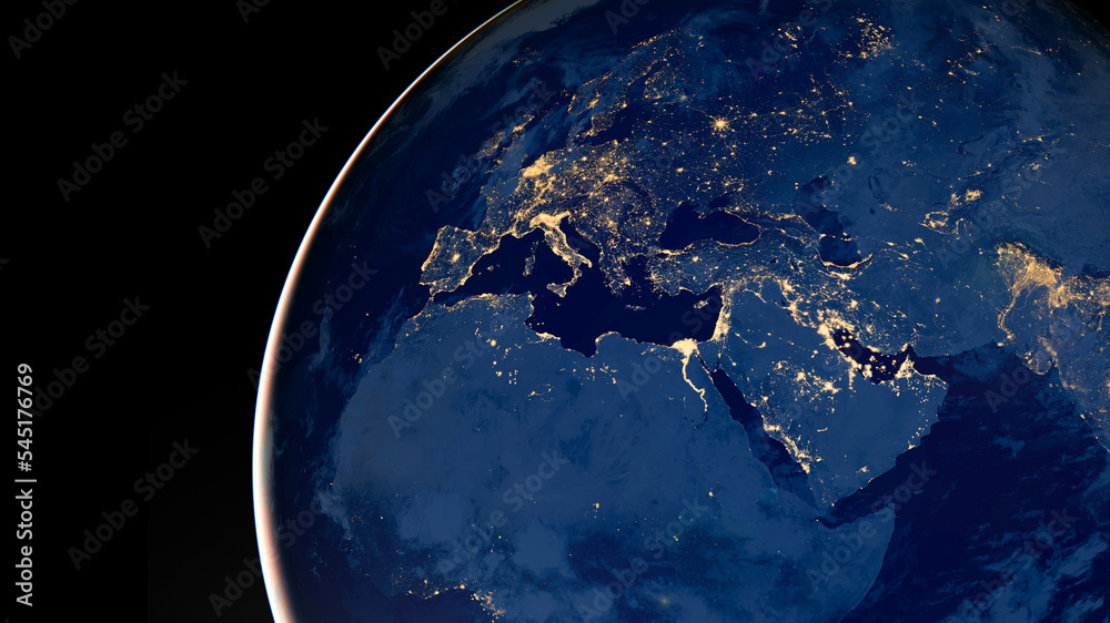 Earth photo at night, City Lights of Europe, Middle East, Turkey, Italy, Black Sea, Mediterrenian Sea from space, World map globe. Satellite HD photo. Elements of this image furnished by NASA. - obrazy, fototapety, plakaty 