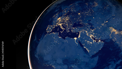 Obraz na płótnie Earth photo at night, City Lights of Europe, Middle East, Turkey, Italy, Black Sea, Mediterrenian Sea from space, World map globe
