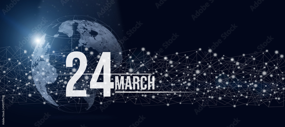 March 24th. Day 24 of month, Calendar date. Calendar day hologram of the planet earth in blue gradient style. Global futuristic communication network. Spring month, day of the year concept.