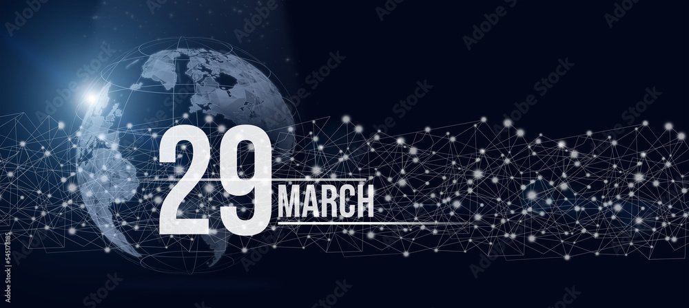 March 29th. Day 29 of month, Calendar date. Calendar day hologram of the planet earth in blue gradient style. Global futuristic communication network. Spring month, day of the year concept.
