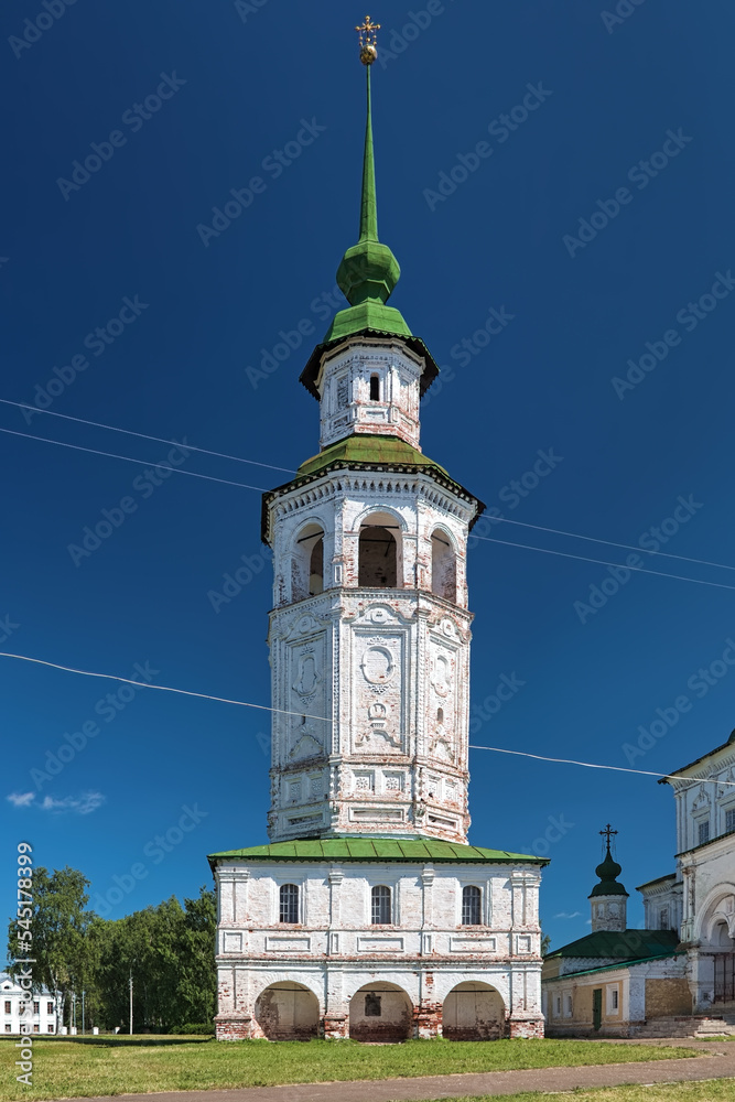 Veliky Ustyug, Russia. Freestanding bell tower of Church of St. Nicholas the Wonderworker (Church of Nikola of Gostunsky). The bell tower was built in 1720.