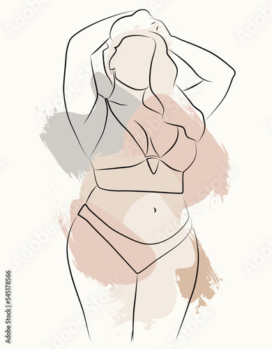 A simple body-positive elegant poster. Beautiful illustration of the line of a seductive female body. Minimalistic linear female figure. Abstract nude sensual linear art.