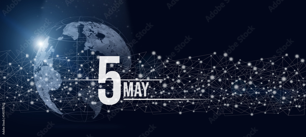 May 5th. Day 5 of month, Calendar date. Calendar day hologram of the planet earth in blue gradient style. Global futuristic communication network. Spring month, day of the year concept. May 5th. Day 5 of month, Calendar date. Calendar day hologram of the planet earth in blue gradient style. Global futuristic communication network. Spring month, day of the year concept.
