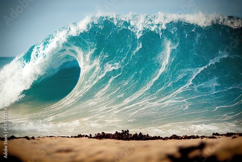 Fototapeta Naklejka Na Ścianę i Meble -  Beach Time on a beautiful sun day on a sandy beach with a huge breaking wave close to the beach, generative ai
