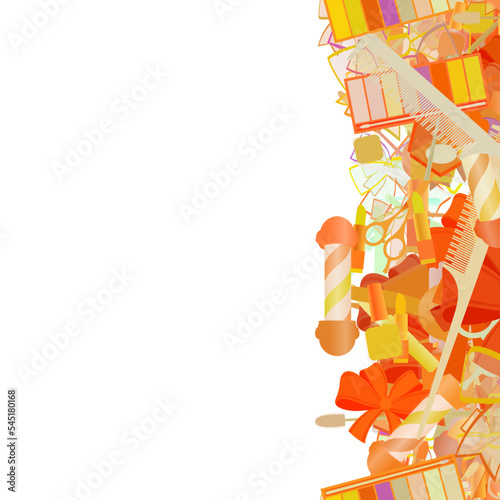 Background pattern abstract seamless design texture. Vertical stripe. Border frame, transparent background. Theme is about ribbons, straight razor, embellishment, brush, barber, scissors