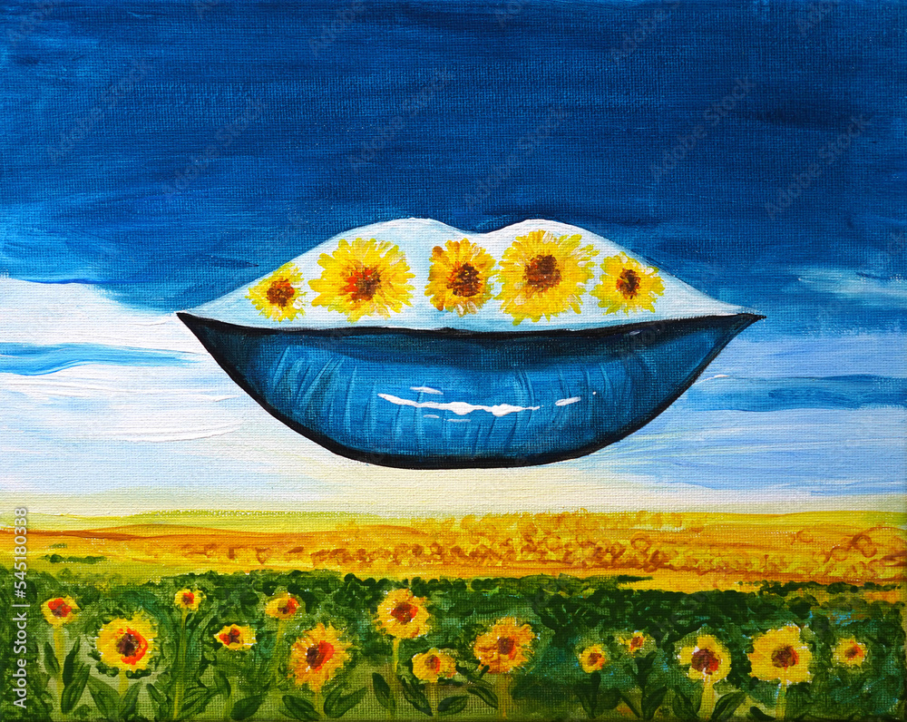 Sunflowers art. Painting to support Ukraine. Acrylic on canvas. Symbol