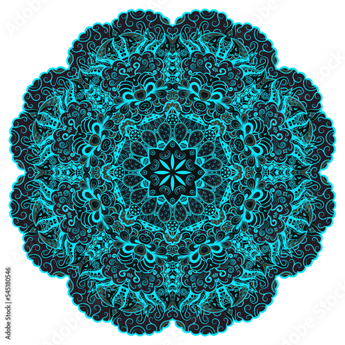 Mandala. Tracery wheel image. Mehndi design. Dark toxic colors. Ethnic doodle art. Curved doodling picture. Vector