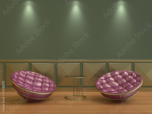 3d illustration of saucer armchairs in a living room