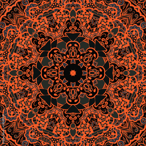 Seamless tile texture. Tracery mehndi design image. Dark toxic colors. Ethnic doodle art. Curved doodling picture. Vector
