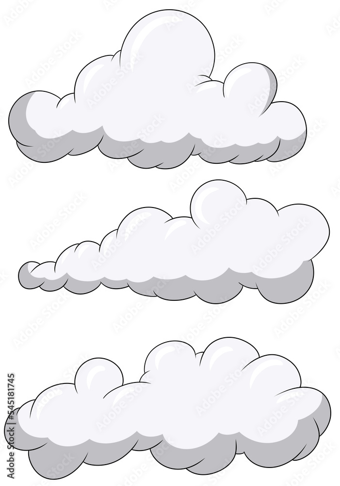 Collection of beautiful clouds in cartoon style, large clouds in the sky