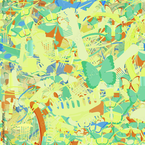Background pattern abstract seamless design texture. Theme is about confetti, hairpin, bobby pin, thread, beautiful, cosmetology, Monarch, silhouette, wing, art, wild, decor, slip, comb