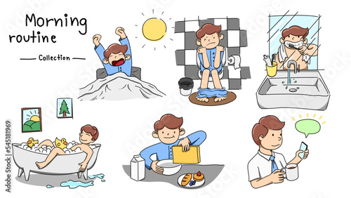 Morning routine collection of cute man. The man getting up in the morning, going to the toilet, brushing teeth, taking a bath, having breakfast, and updating daily news.