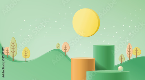 Minimal mock-up podium on autumn background concept 3d render