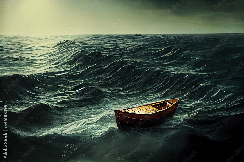 Illustrazione Stock A lonely wooden fishing boat lost at sea in storm.  Isolated boat with strong large waves surrounding it in a seascape artwork.  Harsh nature and stormy ocean with an empty