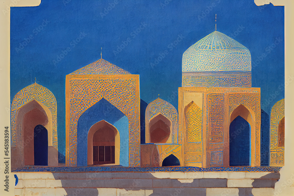 Blue domes and mosaic and ornamentation of a Samarkand city mosque