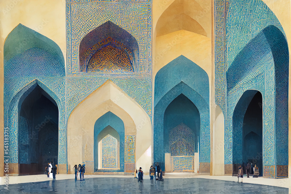 Interior architecture of a Samarkand city mosque. Mosaics of gold and
