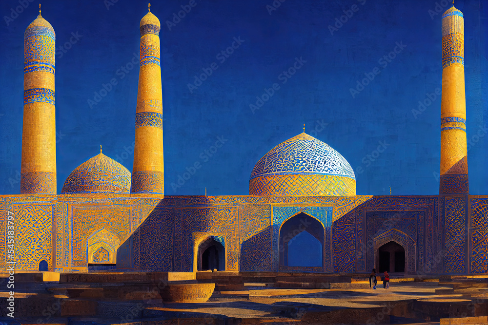 Concept art featuring blue domes and mosaic and ornamentation of a
