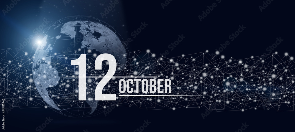 October 12nd. Day 12 of month, Calendar date. Calendar day hologram of the planet earth in blue gradient style. Global futuristic communication network. Autumn month, day of the year concept.