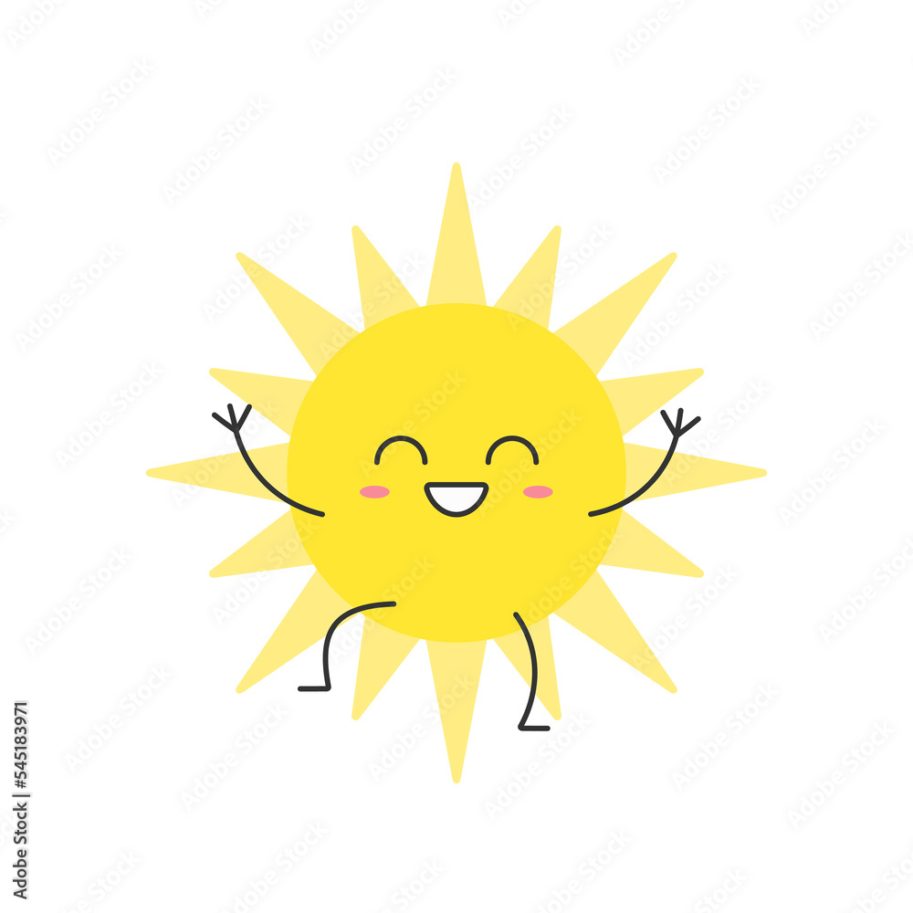 Sun cute character cartoon greet smile face symbol summer warm heat weather sunlight cheerful kawaii joy happy emotions icon vector illustration.