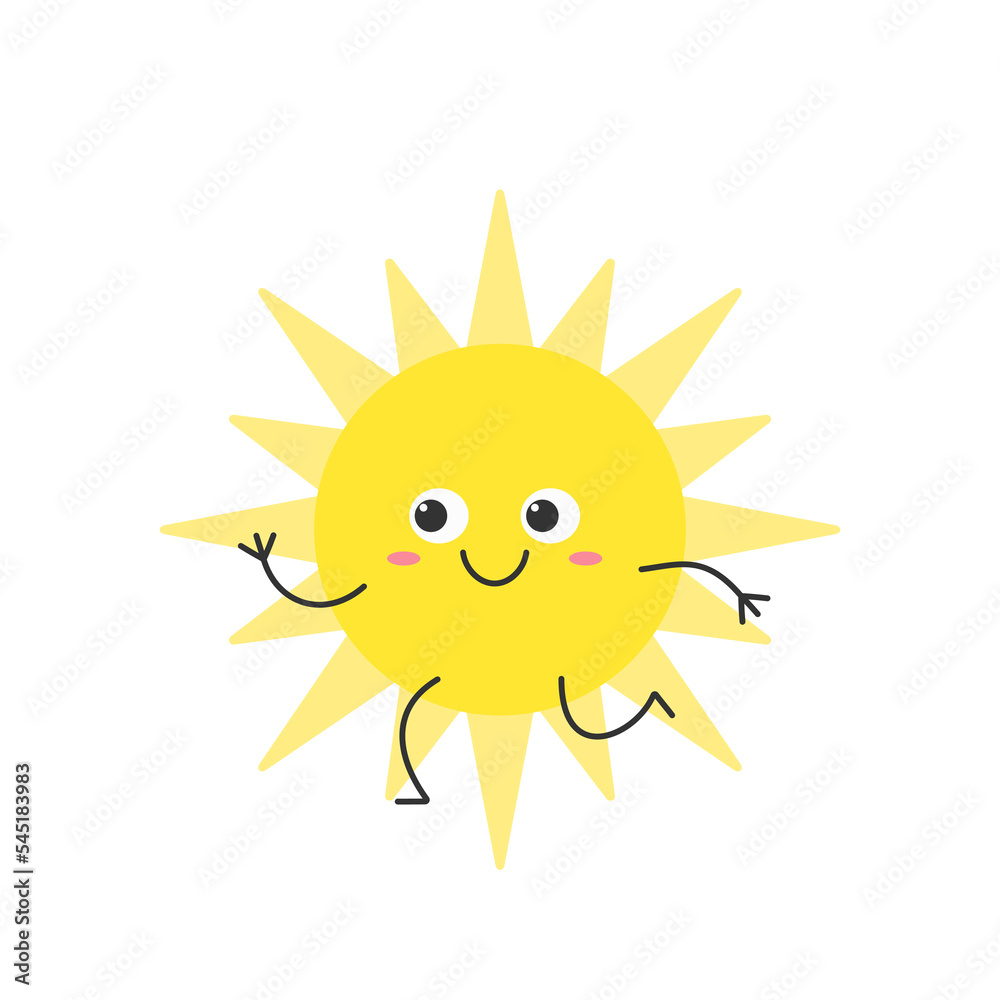 Sun cute character cartoon run smile face symbol summer warm heat weather sunlight cheerful kawaii joy happy emotions icon vector illustration.
