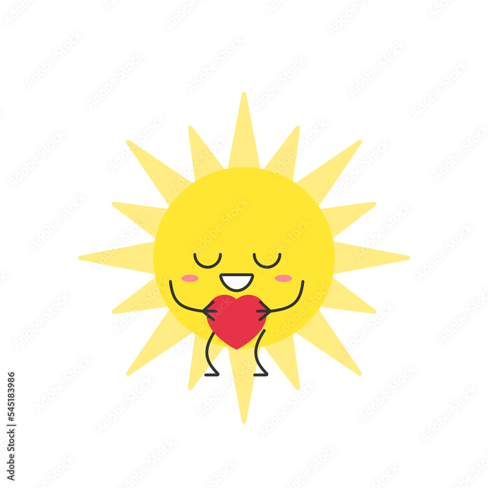 Character cartoon cute sun love heart smile face symbol summer warm heat weather sunlight cheerful kawaii joy happy emotions icon vector illustration.