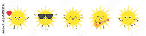 Sun cute character cartoon set jump greet love run sing smile face symbol summer warm heat weather sunlight cheerful kawaii joy happy emotions icon vector illustration.